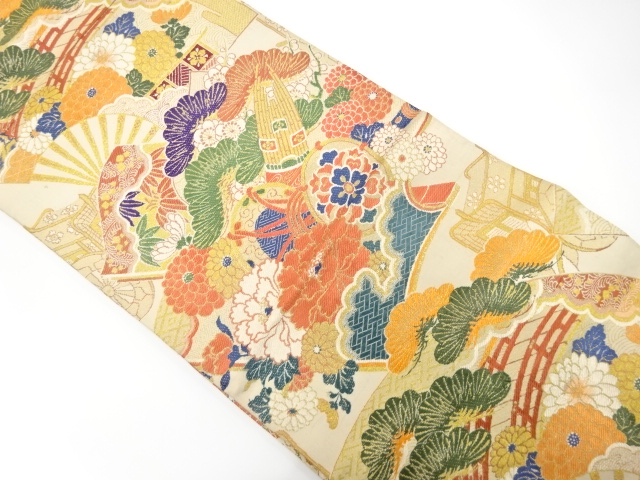 JAPANESE KIMONO / ANTIQUE MARU OBI / WOVEN PEONY & SHOCHIKUBAI